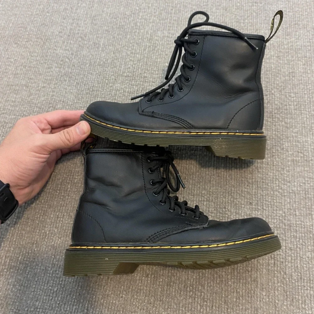 Dr. Martens Boots Kids Size 2 Black Leather Ankle Combat Lace Up Zip 15382